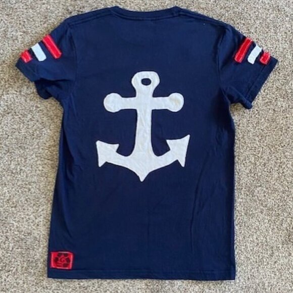 Navy Blue Crew Neck Nautical Anchor Short Sleeve Cotton Tee T-Shirt Small - Picture 1 of 7